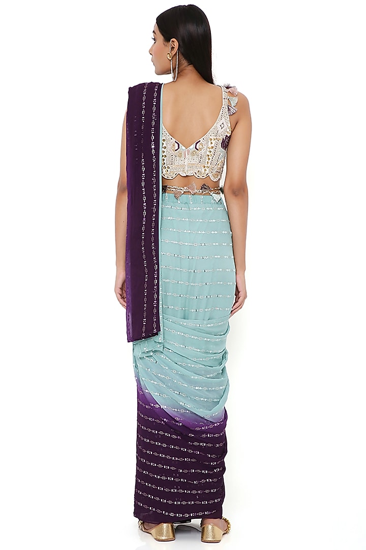 Powder Blue & Purple Georgette Wedding Saree Set by Payal Singhal at Pernia's Pop Up Shop