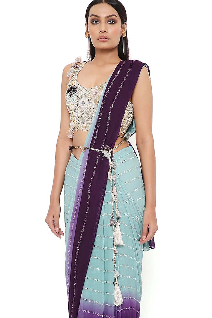 Powder Blue & Purple Georgette Wedding Saree Set by Payal Singhal at Pernia's Pop Up Shop