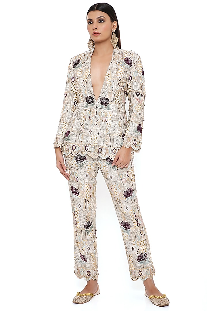 Off-White Embroidered Blazer Set by Payal Singhal at Pernia's Pop Up Shop