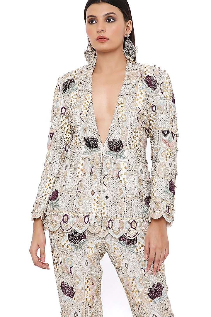 Off-White Embroidered Blazer Set by Payal Singhal at Pernia's Pop Up Shop