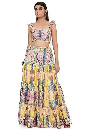 Yellow Dupion Silk Layered Skirt Set by Payal Singhal at Pernia's Pop Up Shop