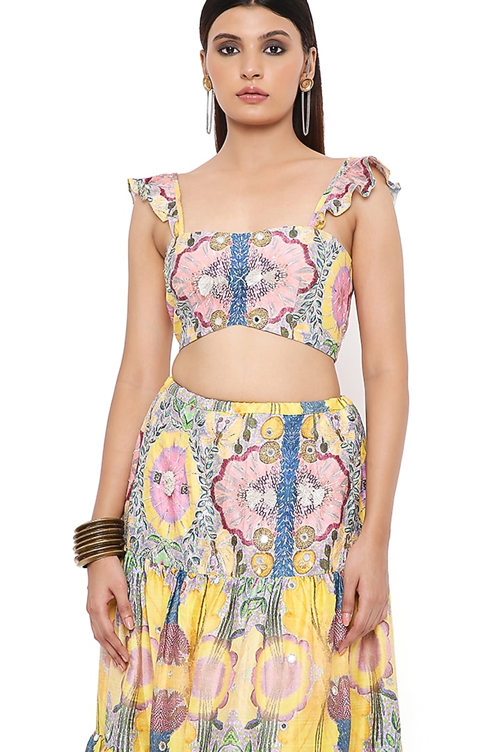 Yellow Dupion Silk Layered Skirt Set by Payal Singhal at Pernia's Pop Up Shop