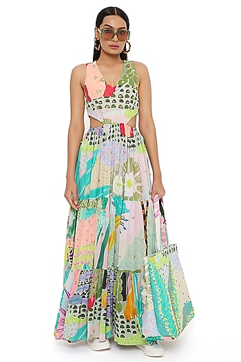 Multi-Coloured Printed Party Wear Dress by Payal Singhal at Pernia's Pop Up Shop