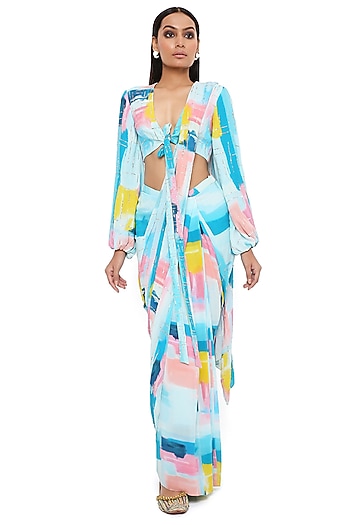 Blue Georgette Printed & Embroidered Pre-Stitched Wedding Saree Set by Payal Singhal at Pernia's Pop Up Shop