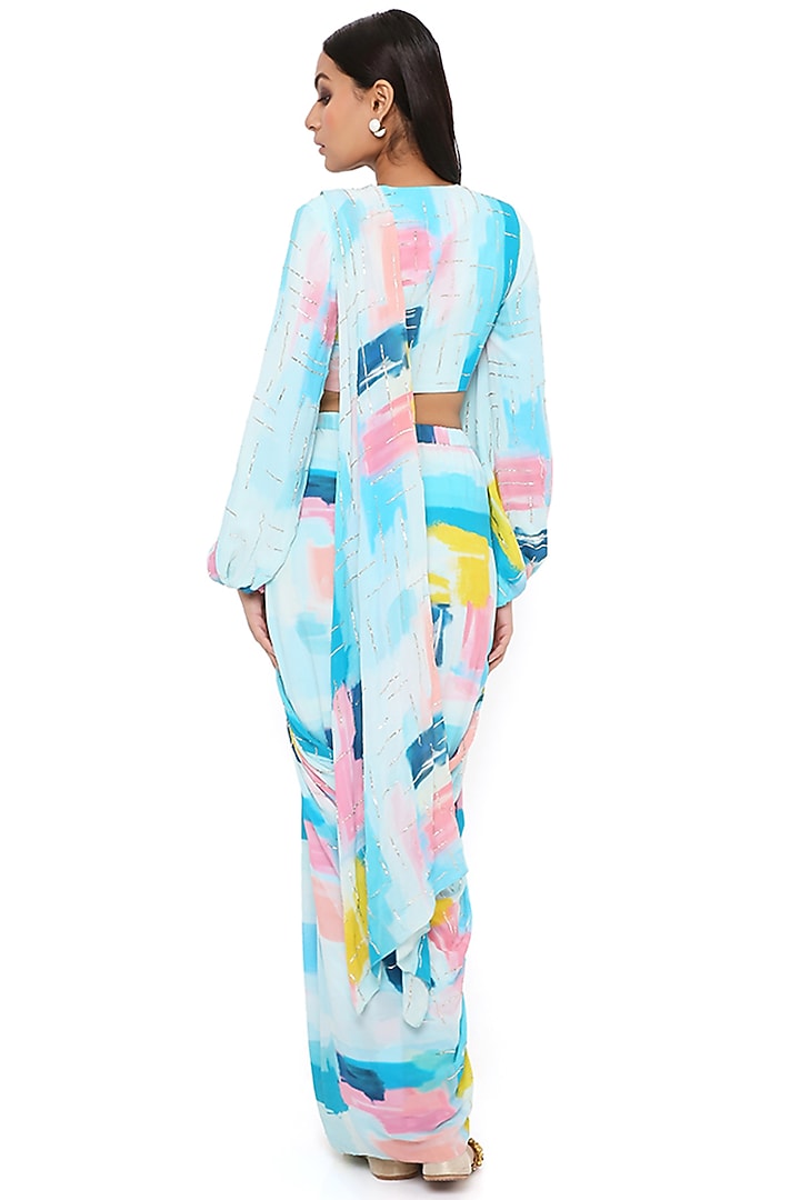 Blue Georgette Printed & Embroidered Pre-Stitched Wedding Saree Set by Payal Singhal at Pernia's Pop Up Shop