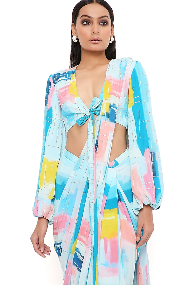 Blue Georgette Printed & Embroidered Pre-Stitched Wedding Saree Set by Payal Singhal at Pernia's Pop Up Shop