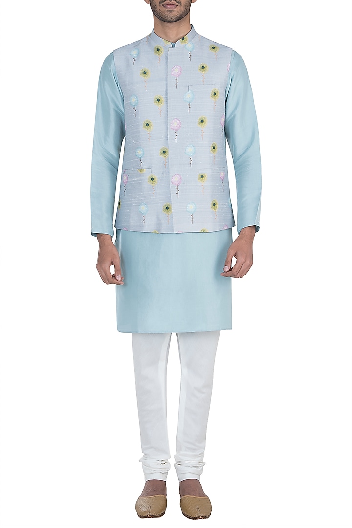 Grey printed bandi jacket with kurta and churidar pants available only at Pernia's Pop Up Shop.