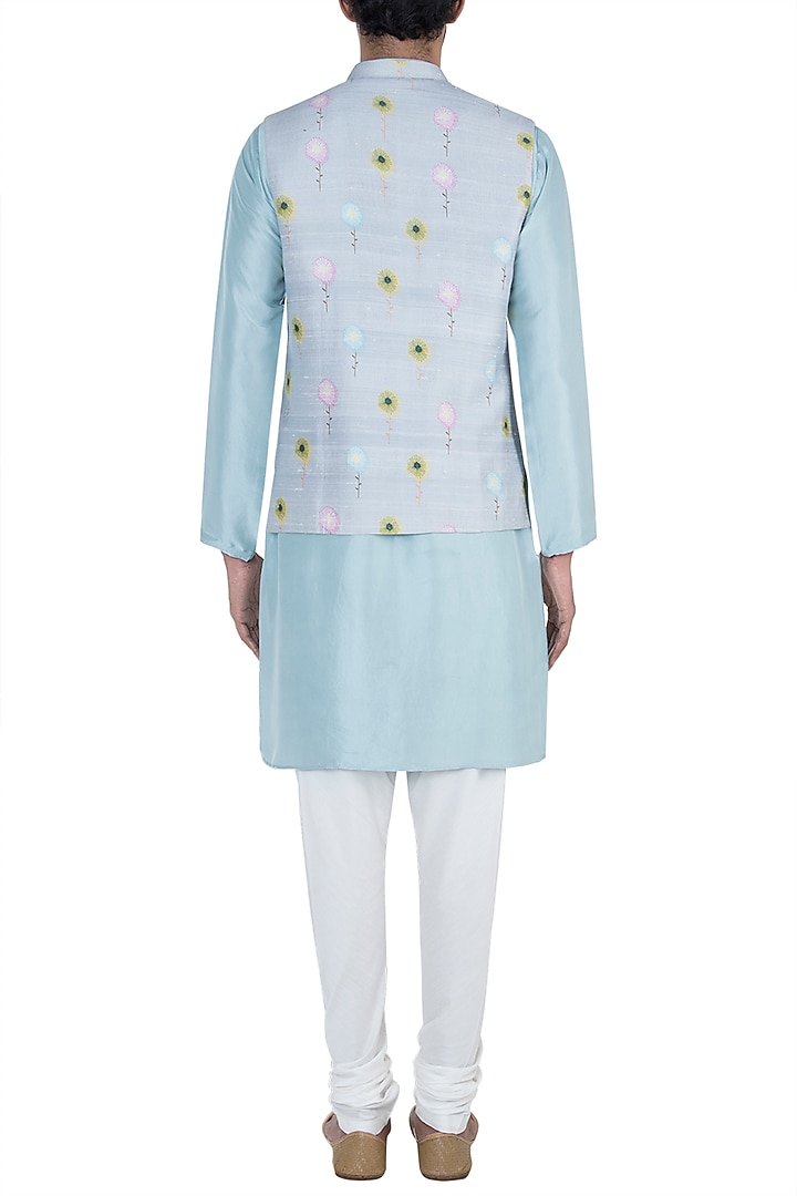Grey printed bandi jacket with kurta and churidar pants available only at Pernia's Pop Up Shop.