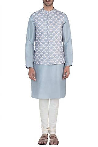 Lavender Dupion Silk Fan Printed Nehru Jacket Set by Payal Singhal Men