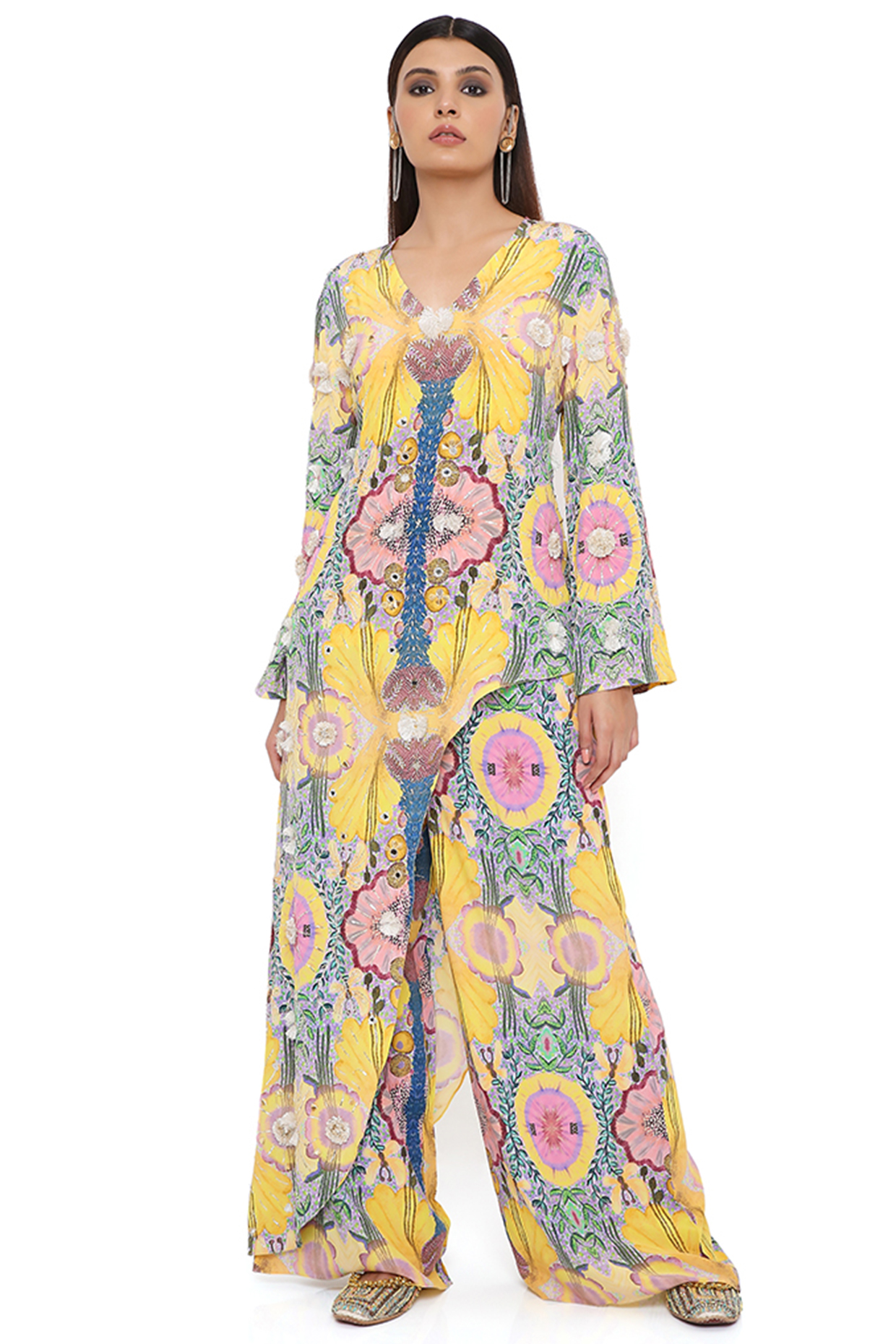 Yellow Printed & Embroidered Kurta Set by Payal Singhal at Pernia's Pop Up Shop