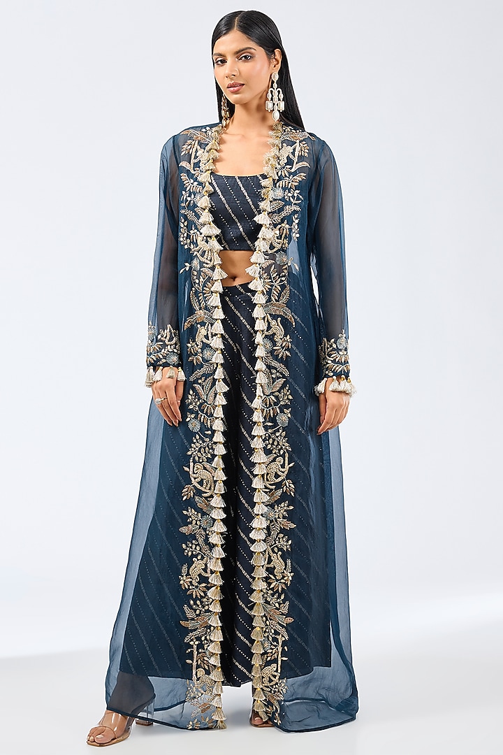 Navy Blue Organza Hand Embroidered Jacket Set by Payal Singhal at Pernia's Pop Up Shop