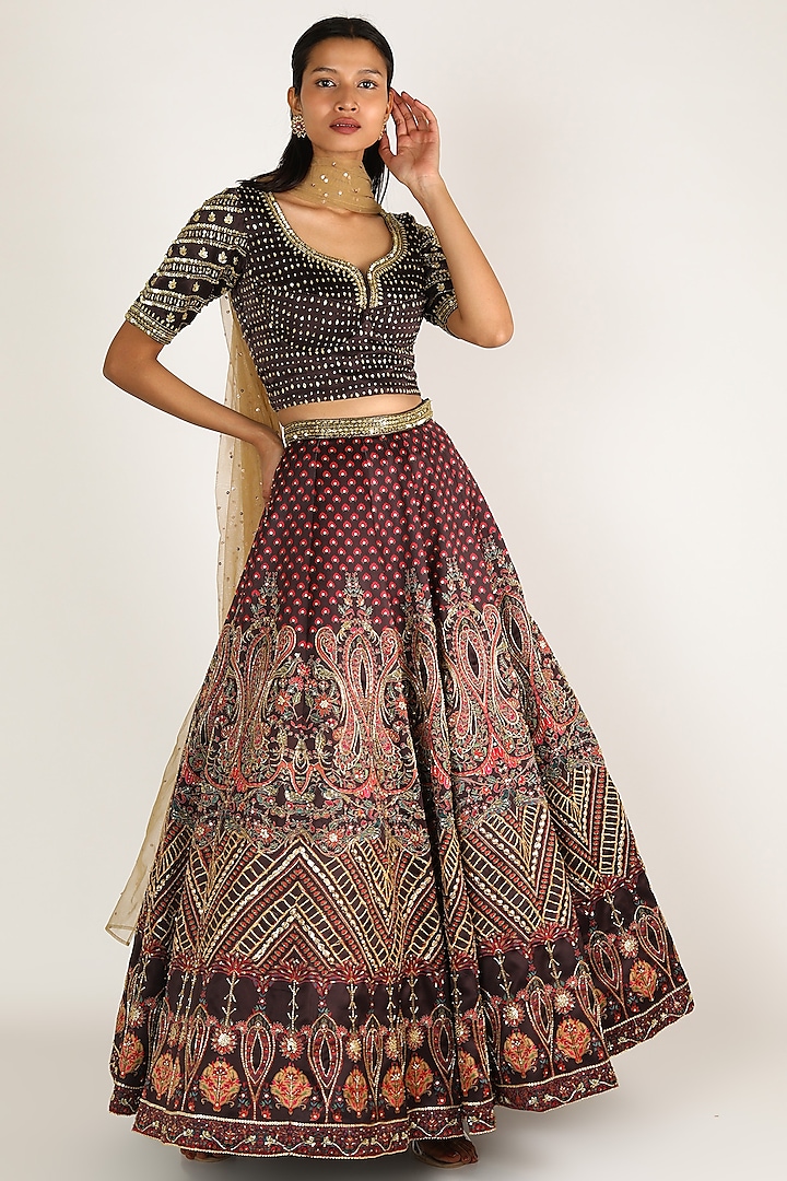 Brown & Beige Embroidered Lehenga Set by Payal Zinal