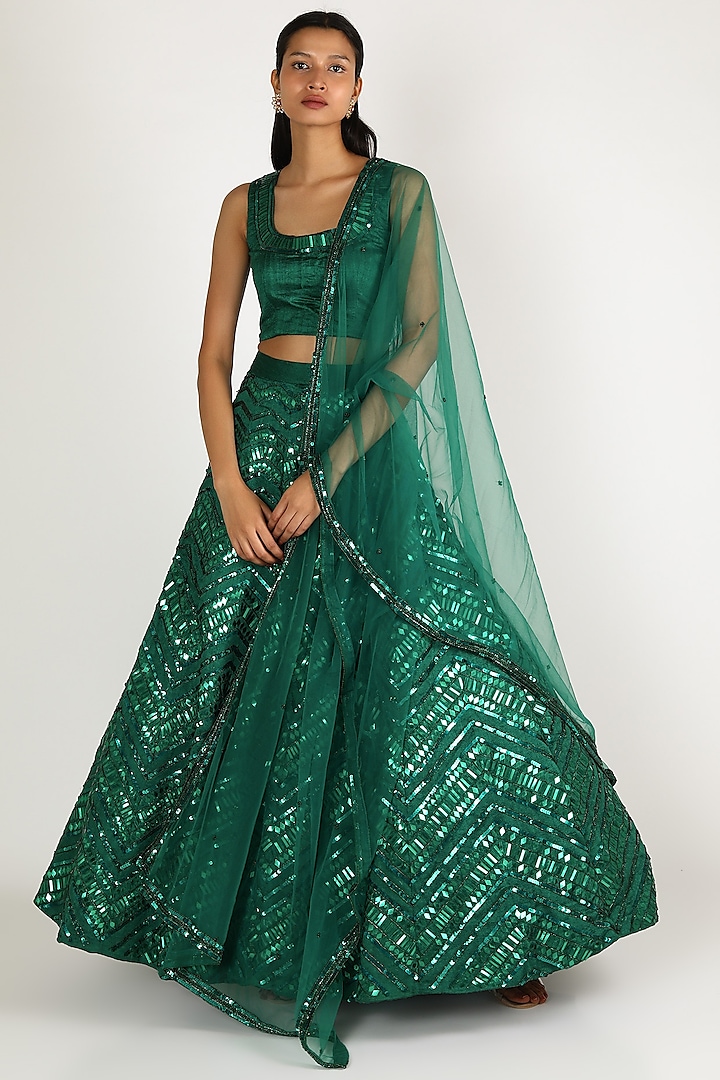 Emerald Green Sequins Embroidered Lehenga Set by Payal Zinal