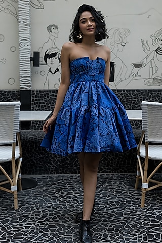 Sky Blue Diamond Print Maxi Dress Design by Paulmi & Harsh at