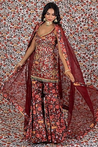 Maroon Freezy Twill Beads Embellished Sharara Set by Payal & Zinal