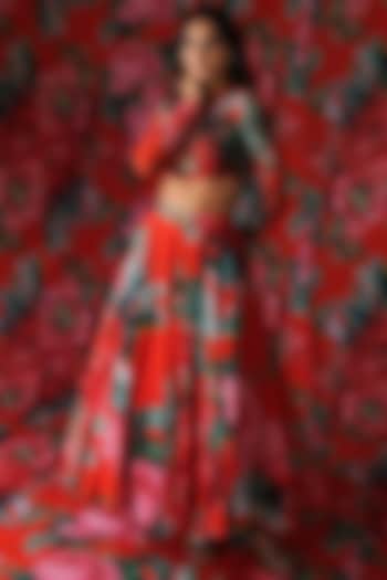 Red Georgette Floral Printed Wedding Lehenga Set by Payal & Zinal at Pernia's Pop Up Shop