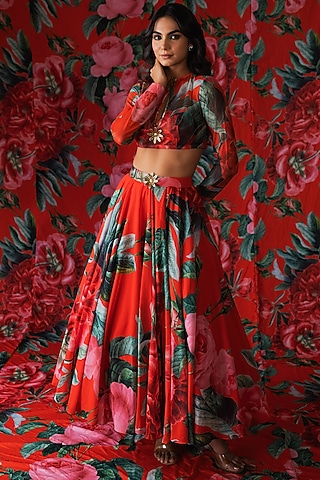 Red Georgette Floral Printed Lehenga Set by Payal & Zinal