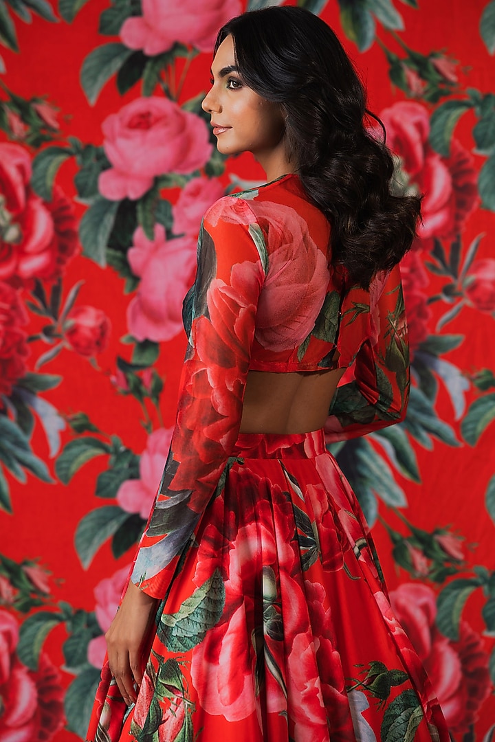 Red Georgette Floral Printed Wedding Lehenga Set by Payal & Zinal at Pernia's Pop Up Shop