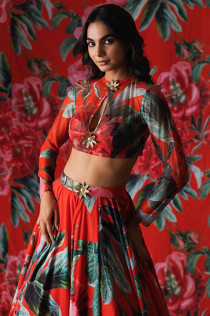 Red Georgette Floral Printed Wedding Lehenga Set by Payal & Zinal at Pernia's Pop Up Shop