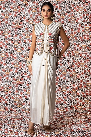 White Mahroo Satin Draped Dress With Jacket by Payal & Zinal