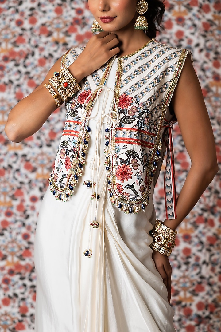 White Mahroo Satin Draped Vacation Dress With Jacket by Payal & Zinal at Pernia's Pop Up Shop