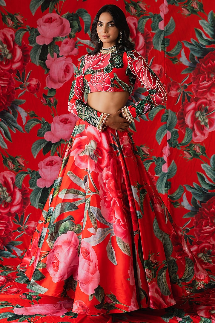 Red Glaze Floral Printed Skirt Set by Payal & Zinal at Pernia's Pop Up Shop