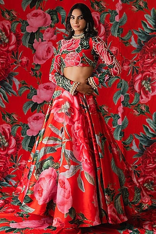 Red Glaze Floral Printed Skirt Set by Payal & Zinal