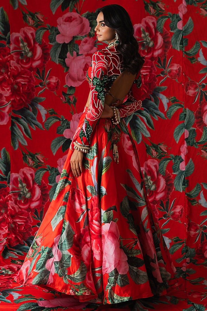 Red Glaze Floral Printed Skirt Set by Payal & Zinal at Pernia's Pop Up Shop