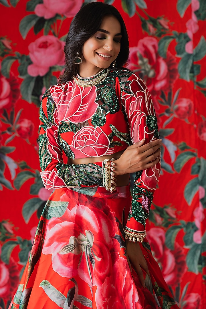 Red Glaze Floral Printed Skirt Set by Payal & Zinal at Pernia's Pop Up Shop