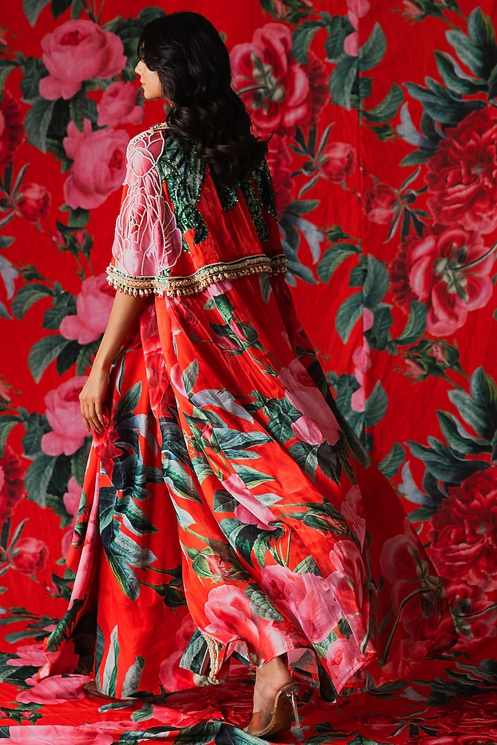 Red Glaze Floral Printed Cape Set by Payal & Zinal at Pernia's Pop Up Shop