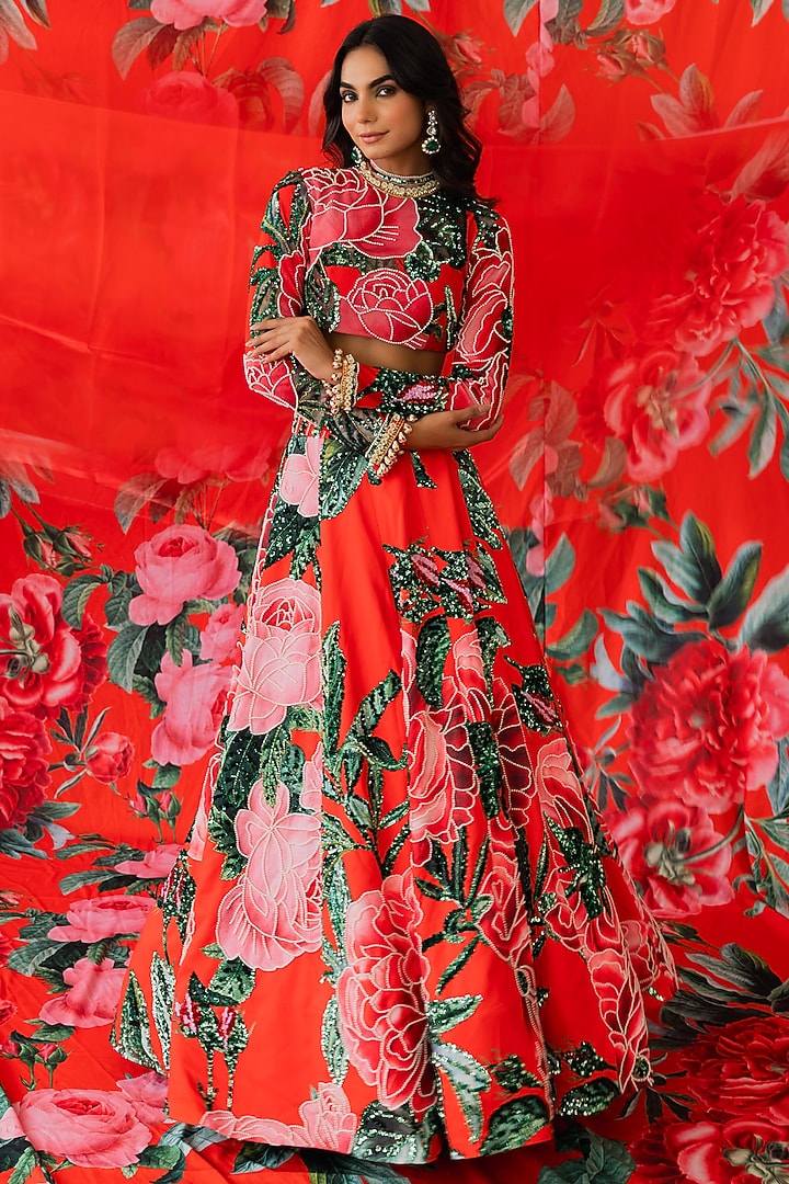 Red Frizzy Twill Floral Printed Skirt Set by Payal & Zinal at Pernia's Pop Up Shop