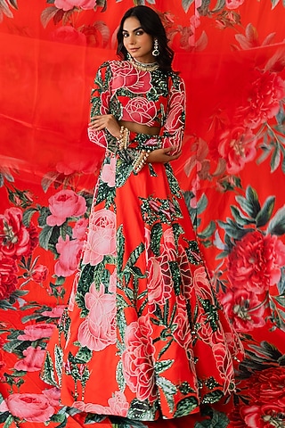 Red Frizzy Twill Floral Printed Skirt Set by Payal & Zinal