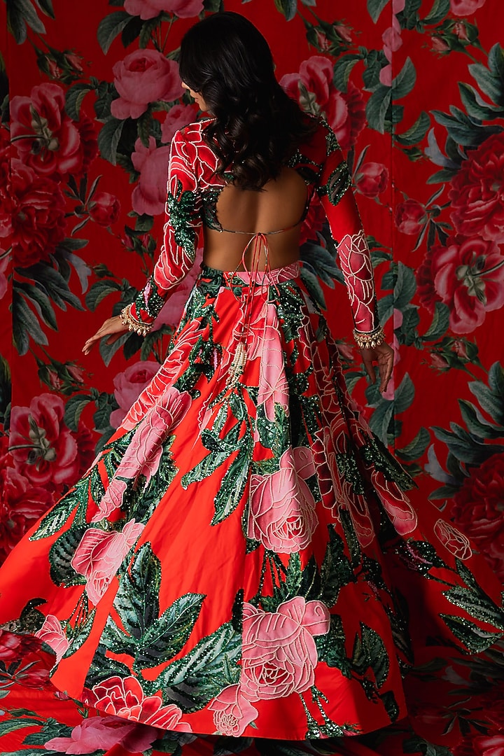 Red Frizzy Twill Floral Printed Skirt Set by Payal & Zinal at Pernia's Pop Up Shop