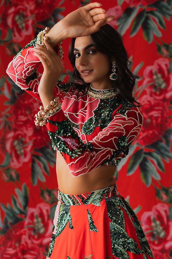 Red Frizzy Twill Floral Printed Skirt Set by Payal & Zinal at Pernia's Pop Up Shop