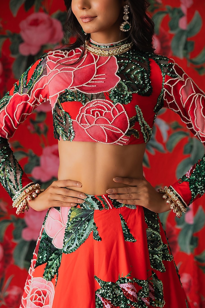 Red Frizzy Twill Floral Printed Skirt Set by Payal & Zinal at Pernia's Pop Up Shop