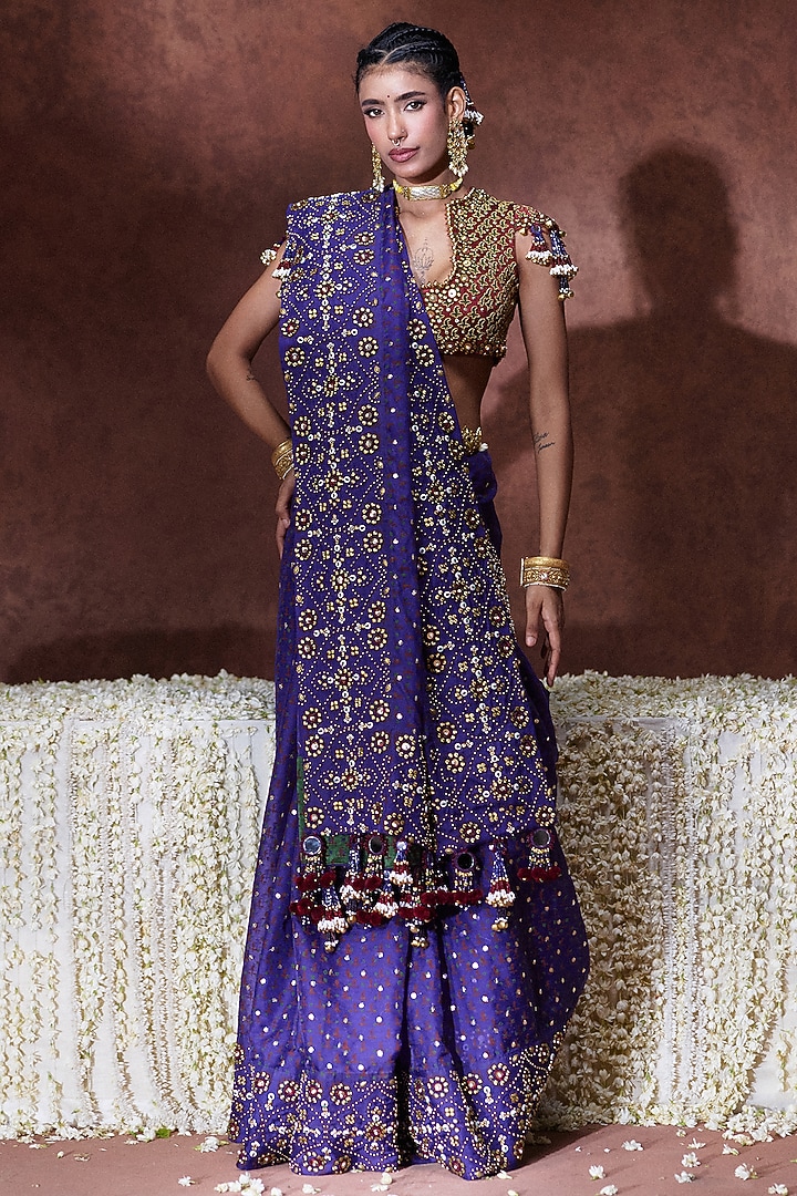 Purple Satin Organza Embroidered Reception Saree Set by Payal & Zinal at Pernia's Pop Up Shop