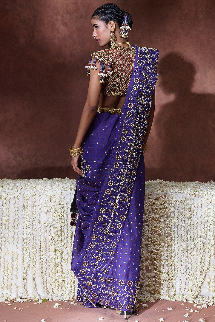 Purple Satin Organza Embroidered Reception Saree Set by Payal & Zinal at Pernia's Pop Up Shop