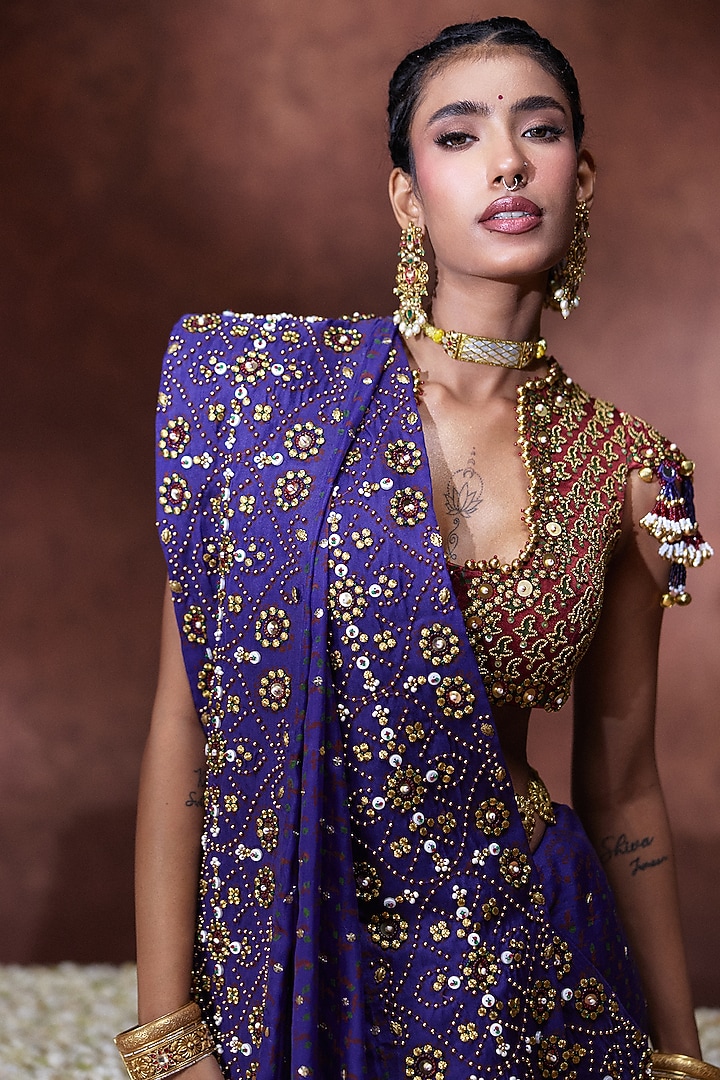 Purple Satin Organza Embroidered Reception Saree Set by Payal & Zinal at Pernia's Pop Up Shop
