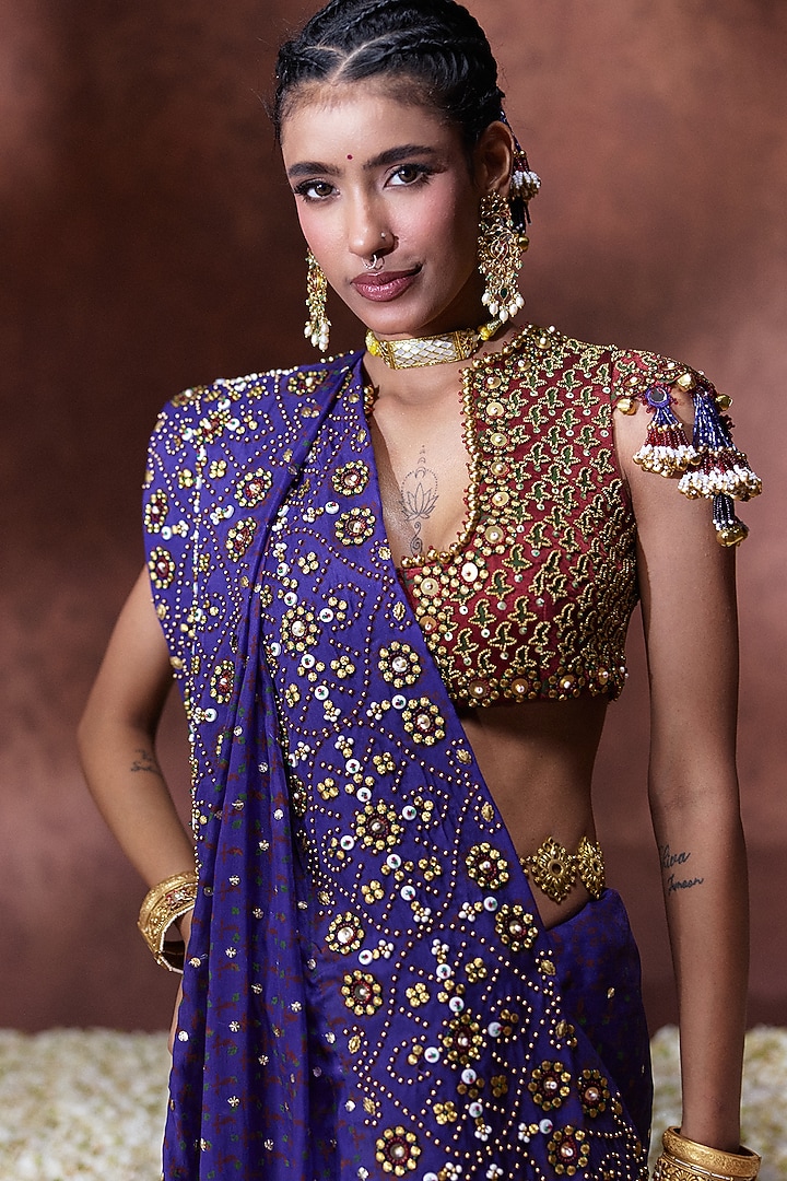 Purple Satin Organza Embroidered Reception Saree Set by Payal & Zinal at Pernia's Pop Up Shop