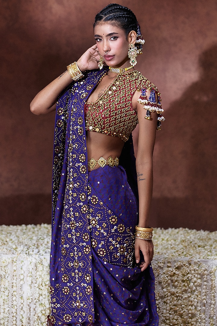 Purple Satin Organza Embroidered Reception Saree Set by Payal & Zinal at Pernia's Pop Up Shop