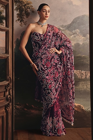 Maroon Net Embellished Saree Set by Payal & Zinal