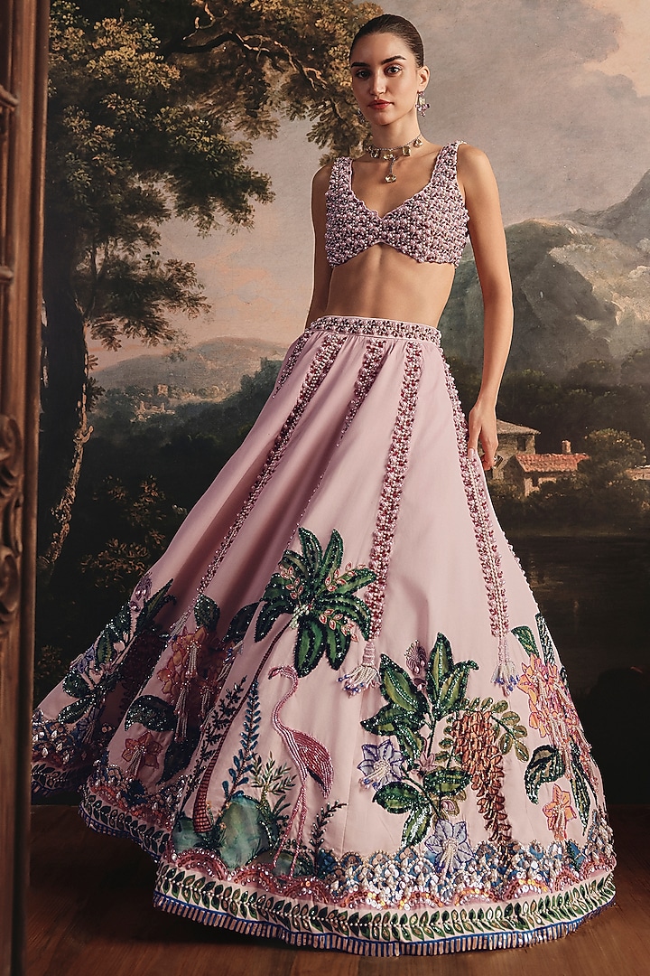Blush Pink Gajji Silk & Twill Hand Embroidered Bridal Lehenga Set by Payal & Zinal at Pernia's Pop Up Shop