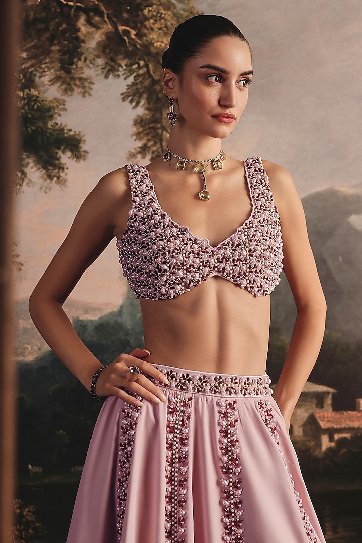 Blush Pink Gajji Silk & Twill Hand Embroidered Bridal Lehenga Set by Payal & Zinal at Pernia's Pop Up Shop