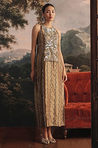 Gold Tissue Embroidered Dress by Payal & Zinal