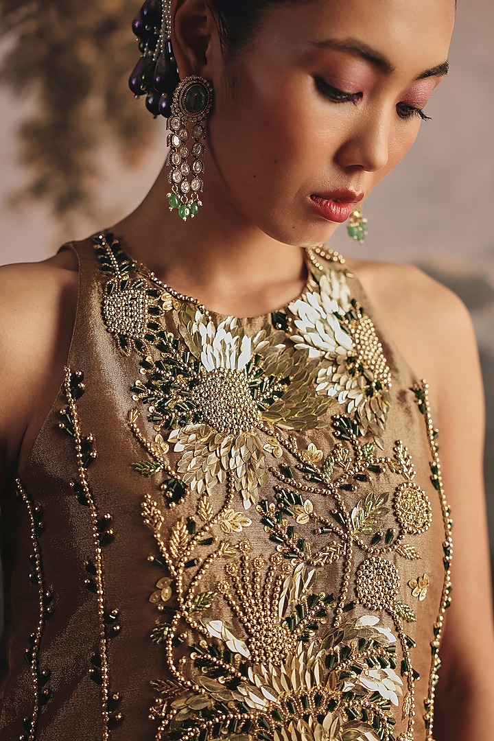 Gold Tissue Embroidered Vacation Dress by Payal & Zinal at Pernia's Pop Up Shop