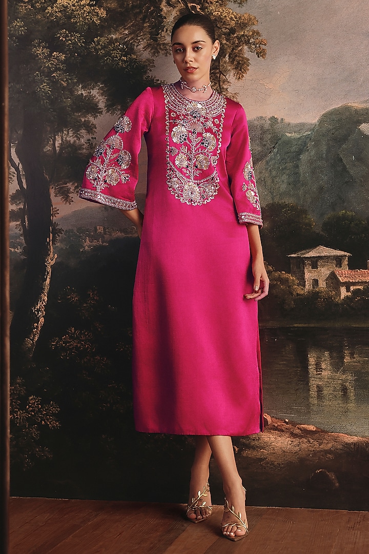 Rani Pink Gajji Silk Embroidered Cocktail Dress by Payal & Zinal at Pernia's Pop Up Shop