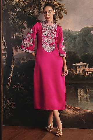 Rani Pink Gajji Silk Embroidered Dress by Payal & Zinal