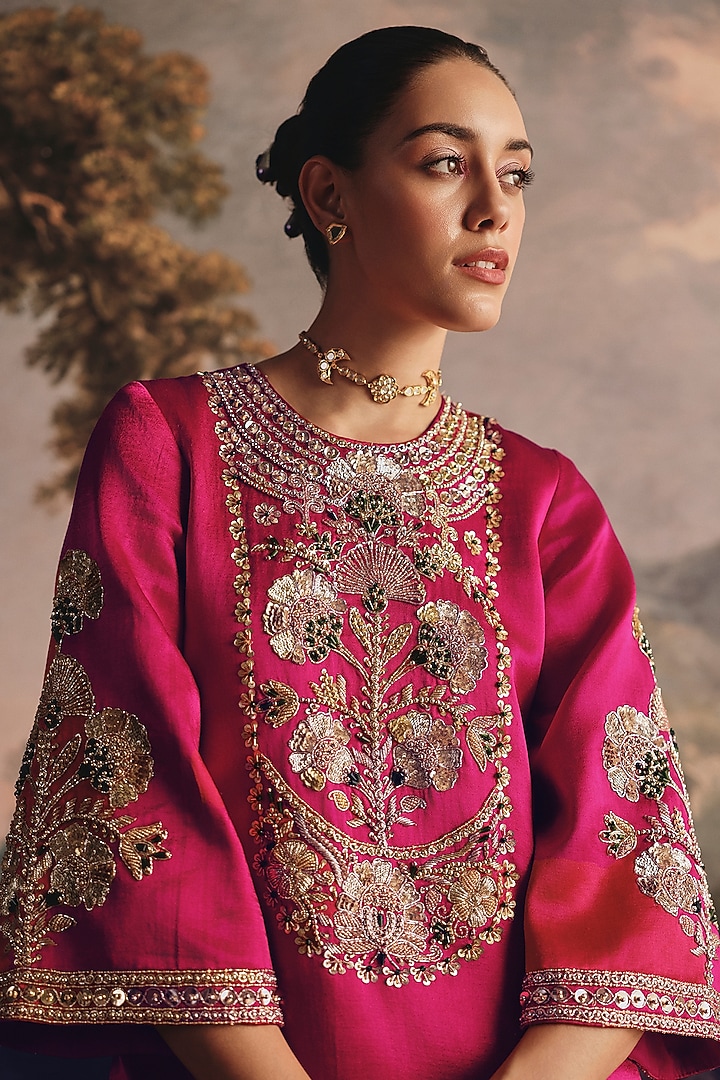 Rani Pink Gajji Silk Embroidered Cocktail Dress by Payal & Zinal at Pernia's Pop Up Shop