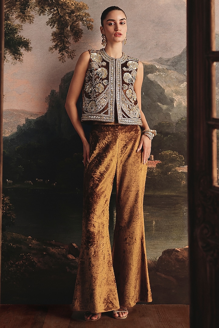 Clay Ochre Velvet Embellished Co-Ord Set by Payal & Zinal at Pernia's Pop Up Shop