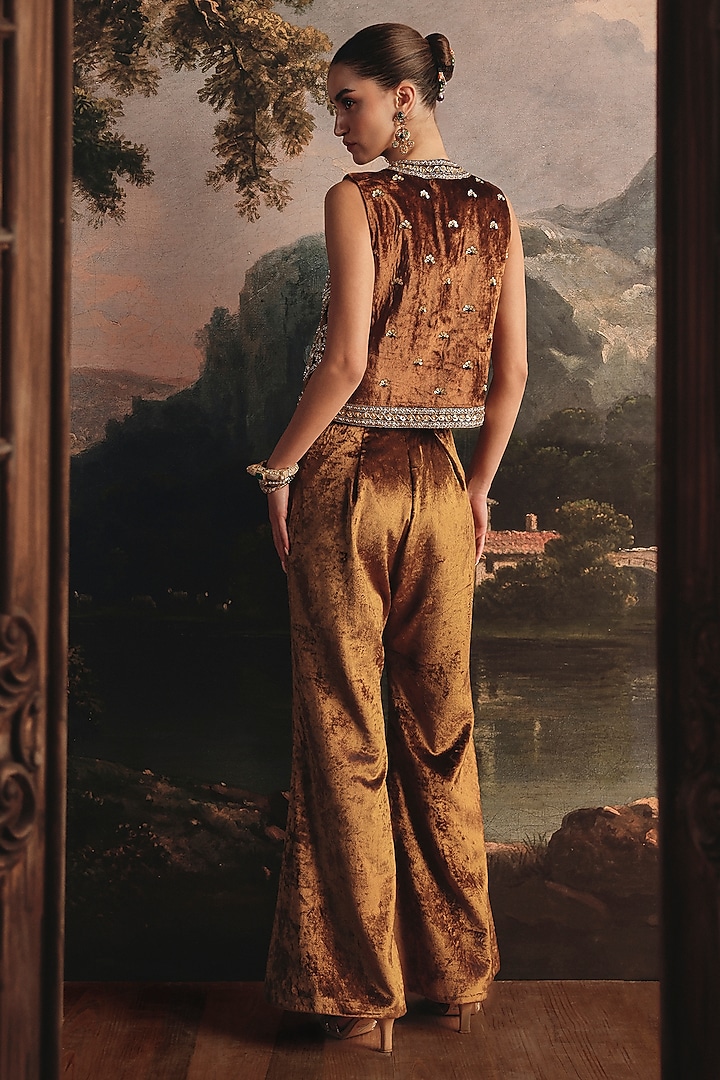 Clay Ochre Velvet Embellished Co-Ord Set by Payal & Zinal at Pernia's Pop Up Shop